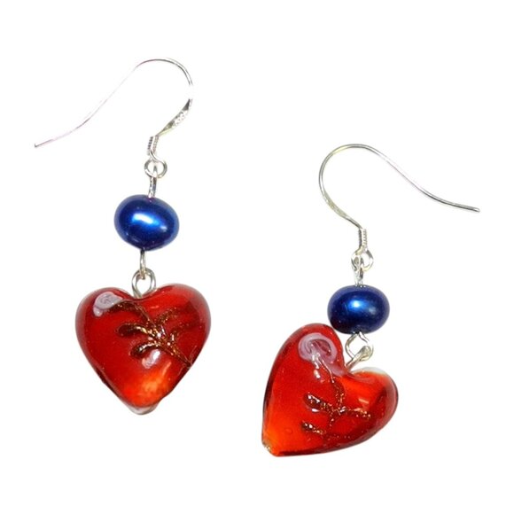 Handmade Red Lampworked Glass Blue Pearl Silver Beaded Necklace Earring GN270 - Picture 4 of 4